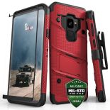 Zizo Bolt Cover - Pancerne etui Samsung Galaxy S9 ze szkłem 9H na ekran + podstawka & uchwyt do paska (Red/Black)