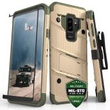 Zizo Bolt Cover - Pancerne etui Samsung Galaxy S9+ ze szkłem 9H na ekran + podstawka & uchwyt do paska (Desert Tan/Camo Green)