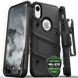 Zizo Bolt Cover - Pancerne etui iPhone XR ze szkłem 9H na ekran + podstawka & uchwyt do paska (Black/Black)