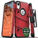 Zizo Bolt Cover - Pancerne etui iPhone XR ze szkłem 9H na ekran + podstawka & uchwyt do paska (Red/Black)