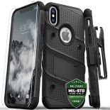 Zizo Bolt Cover - Pancerne etui iPhone Xs Max ze szkłem 9H na ekran + podstawka & uchwyt do paska (Black/Black)